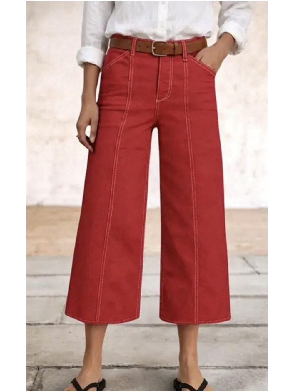 Flamingals Contrast Stitch Mid Rise Wide Leg Pants